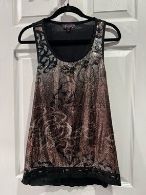 Hale Bob Metallic Rose and Black Floral Sequin Tank
